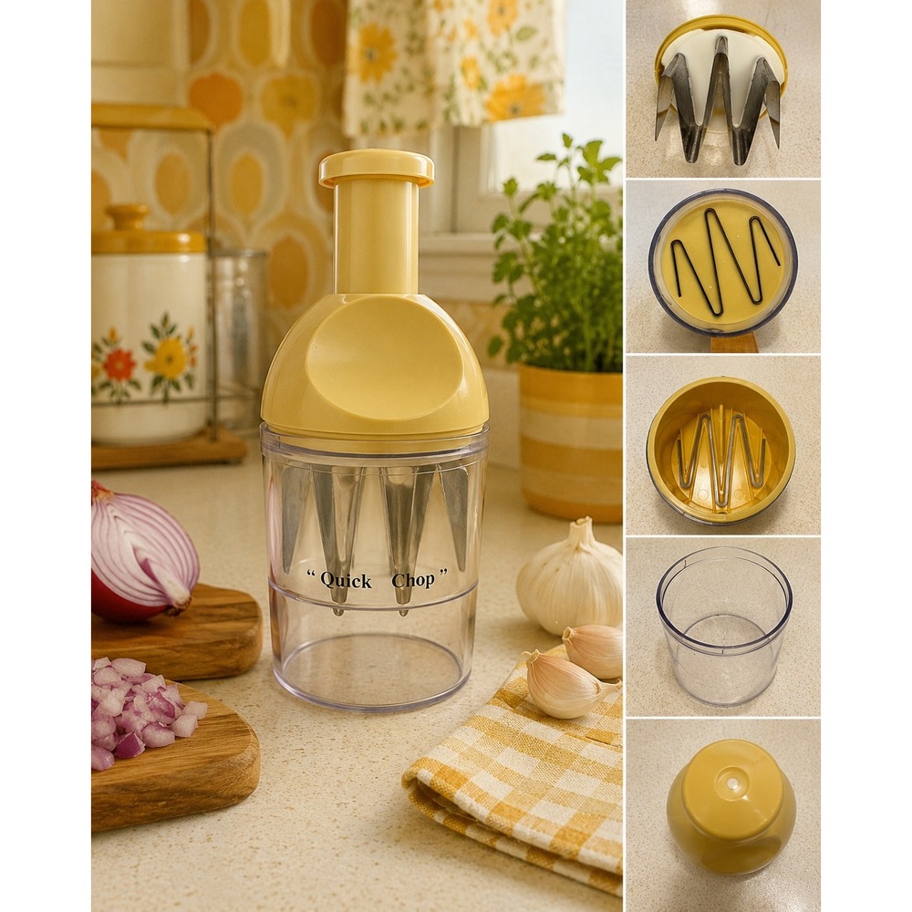 Quick Chop Manual Food Chopper Yellow Vintage Kitchen Gadget Onion Veggie Retro